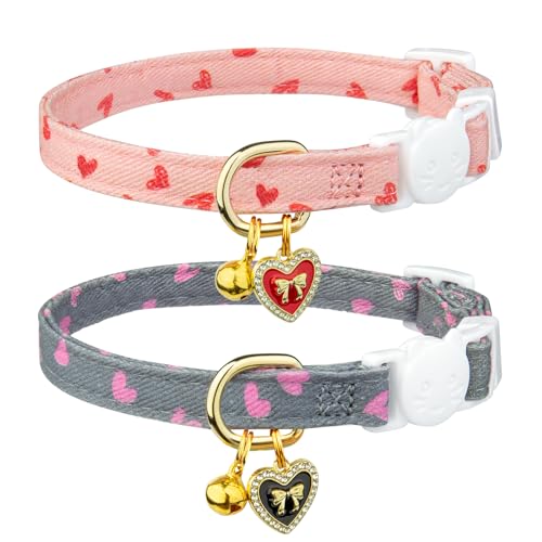 Katzenhalsband aus Baumwolle, herzförmiger Anhänger, niedliches Katzenhalsband mit Glöckchen, Rosa und Grau, 2 Stück von FYEQYAOU