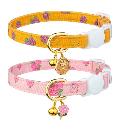 Katzenhalsband aus Baumwolle, mit Rosenanhänger, niedliches Katzenhalsband mit Glöckchen, ideal für Mädchen, Katzen, Jungen, Katzen, 2 Stück Katzenhalsband aus Baumwolle, mit Rosenanhänger, niedliches Katzenhalsband mit Glöckchen, ideal für Mädchen, Katzen, Jungen, Katzen, 2 Stück von FYEQYAOU