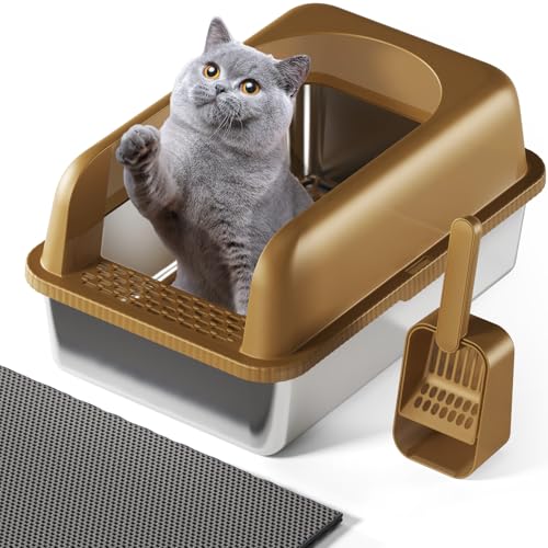 Einfache Reinigung Katzentoilette aus Edelstahl, Katzentoilette aus antihaftbeschichtetem Metall, Katzentoilette für Katzen,verhindert Urinverlust, inklusive Schaufel und Katzenstreumatte,braun XL von FYLICA