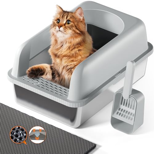 Katzenklo Edelstahl XL/L, Katzentoilette Edelstahl Große Kapazität Auslaufsicher Gegen Verschüttungen Katzenklo, mit Metall Katzenstreuschaufel(hellgrau) von FYLICA