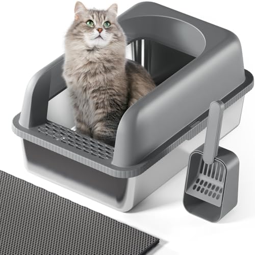 Katzenklo Edelstahl XL/L, Katzentoilette Edelstahl Große Kapazität Auslaufsicher Gegen Verschüttungen Katzenklo, mit Metall Katzenstreuschaufel(Dunkelgrau) von FYLICA
