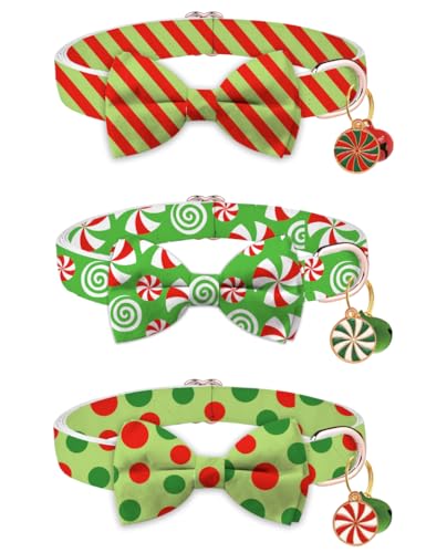 FYSUIMU Weihnachtliches Katzenhalsband mit roten und grünen Streifen, gepunktet, Süßigkeitenhalsband mit Abreißglocke, Schleife, verstellbar, für Winter, Mädchen, Jungen, Katzen, kleine Haustiere FYSUIMU Weihnachtliches Katzenhalsband mit roten und grünen Streifen, gepunktet, Süßigkeitenhalsband mit Abreißglocke, Schleife, verstellbar, für Winter, Mädchen, Jungen, Katzen, kleine Haustiere von FYSUIMU