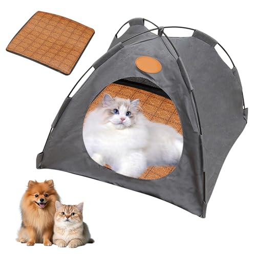 Pfoten-bedarf Premium Katzen Kühlzelt, Tragbares Haustierzelt mit Rattan Matte für Katzen aus Atmungsaktivem Material, Abnehmbar & Waschbar, Rückzugsort bei Sommerhitze für Drinnen Draußen (Grau, XL) Pfoten-bedarf Premium Katzen Kühlzelt, Tragbares Haustierzelt mit Rattan Matte für Katzen aus Atmungsaktivem Material, Abnehmbar & Waschbar, Rückzugsort bei Sommerhitze für Drinnen Draußen (Grau, XL) von FZQBEY