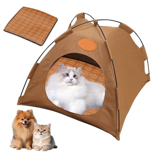 Pfoten-bedarf Premium Katzen Kühlzelt, Tragbares Haustierzelt mit Rattan Matte für Katzen aus Atmungsaktivem Material, Abnehmbar & Waschbar, Rückzugsort bei Sommerhitze für Drinnen Draußen (Braun, M) Pfoten-bedarf Premium Katzen Kühlzelt, Tragbares Haustierzelt mit Rattan Matte für Katzen aus Atmungsaktivem Material, Abnehmbar & Waschbar, Rückzugsort bei Sommerhitze für Drinnen Draußen (Braun, M) von FZQBEY