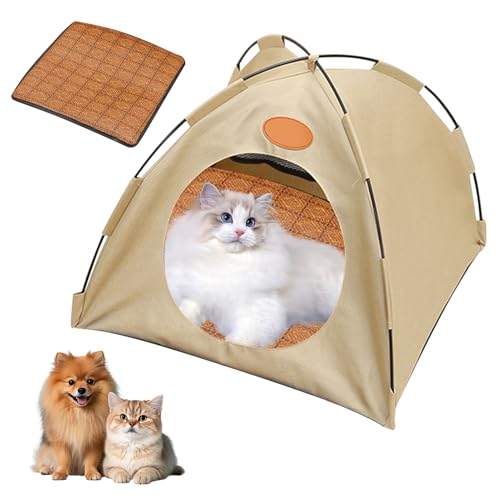 Pfoten-bedarf Premium Katzen Kühlzelt, Tragbares Haustierzelt mit Rattan Matte für Katzen aus Atmungsaktivem Material, Abnehmbar & Waschbar, Rückzugsort bei Sommerhitze für Drinnen Draußen (Beige, L) Pfoten-bedarf Premium Katzen Kühlzelt, Tragbares Haustierzelt mit Rattan Matte für Katzen aus Atmungsaktivem Material, Abnehmbar & Waschbar, Rückzugsort bei Sommerhitze für Drinnen Draußen (Beige, L) von FZQBEY