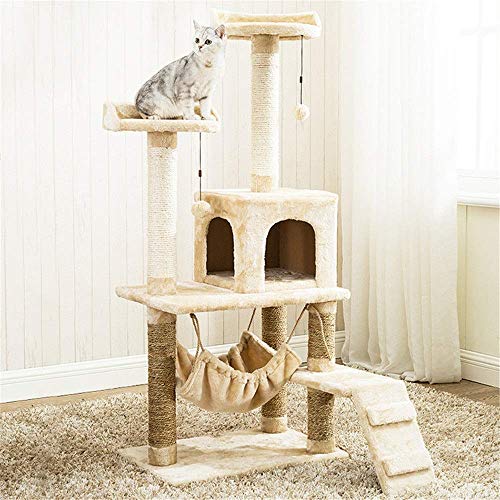 Cat Apartments Katzenturm, Katzenklettergerüst mit Katzennest und Hängematte, Katzenturm, Katzenspielhaus, Katzenbaum, luxuriöser Kratzbaumturm (Farbe: Beige, Größe: 60 x 40 x 140 cm) (Beig von FaLkiN