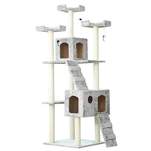 Katzenwohnungen Katzen und Haustiere Kratzbaum Deluxe Katzenturm verfügt über Doppelwohnungen, Katzenturmtür für Kätzchen Kratzbaumturm (Farbe: Grau, Größe: 50 x 55 x 186 cm) (Farbe: Grau). von FaLkiN