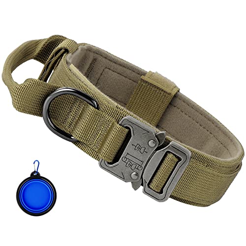 Faankiton Taktisches Hundehalsband Militärisch Verstellbar Mit Kontrollgriff, Nylon Mit Metallschnalle für Hunde, Faltbarer Hundenapf Inklusive (L, Braun) von Faankiton
