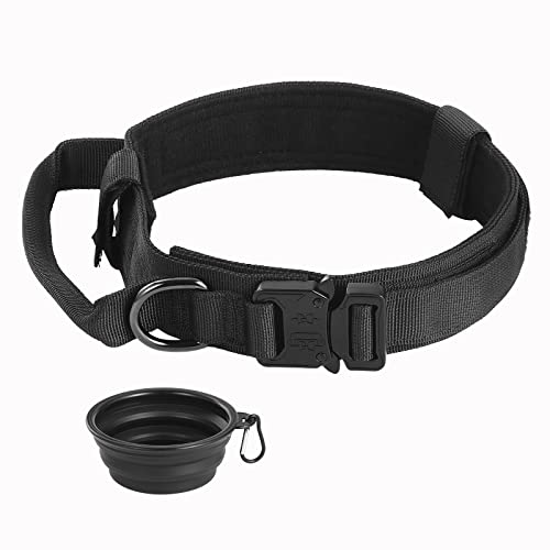 Faankiton Taktisches Hundehalsband Militärisch Verstellbar Mit Kontrollgriff, Nylon Mit Metallschnalle für Hunde, Faltbarer Hundenapf Inklusive (L, Schwarz) von Faankiton