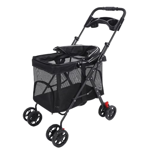 Fabater 4 Haustier Kinderwagen, EIN klick Klicken Welpen Käfig Jogger Kinderwagen Hundewagen mit Sonnenschutz und Tassenhalter für die Reise für Kleine/mittlere Haustiere (Black) von Fabater