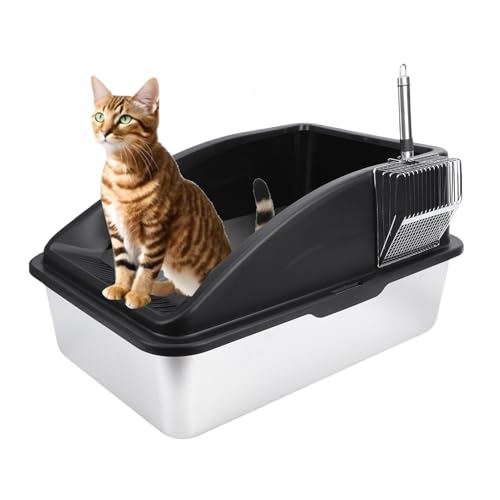 Fabater Katzenratschachtel mit Schaufel, aus Rostfreiem Stahl Geschlossener Katzentoilette, Hochseitige Metallströme Pfanne, Obere Eingangsströme für Innenräume, Leicht zu Reinigen (Black) von Fabater