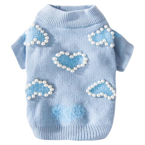 Factorys Valentine's Day Winter-Hundepullover mit herzförmiger Perlendekoration, Dicker Welpenpullover für kleine Hunde, Haustiermantel, Hundegeburtstag (Blue, L) von Factorys