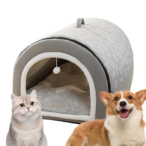 Katzenhöhle, 2-in-1 abnehmbares Katzenbett mit Kugelanhänger, Überdachtes Katzenversteck, Flanell-Katzennest, warme und Bequeme Hundebetten für große Hunde, waschbare Katzenhöhlen für von Facynde