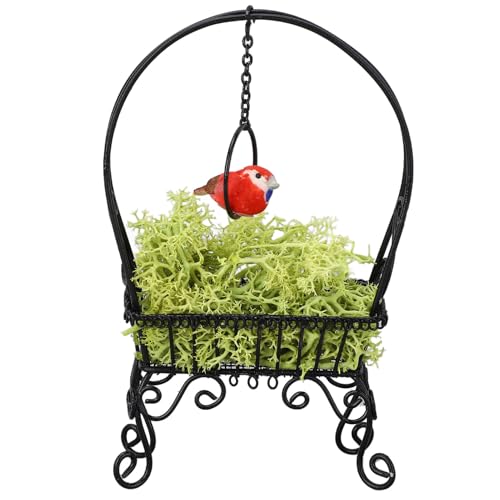 Fafeims Mini Stehender Vogelring, 1:12 Metallvogelschwung mit Künstlichem Gras, 5,31 Zoll Freistehende Vogeldekoration für Dollhouse Garden und Spielen (Black) von Fafeims