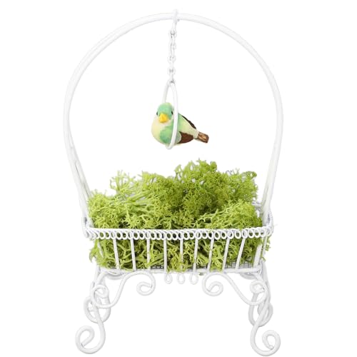 Fafeims Mini Stehender Vogelring, 1:12 Metallvogelschwung mit Künstlichem Gras, 5,31 Zoll Freistehende Vogeldekoration für Dollhouse Garden und Spielen (White) von Fafeims
