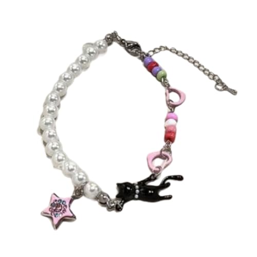 Vintage Pearls Perlenkatzen Gesichts Charm Armband Mit Sternheizen Flexibler Kette Perlen Handgelenk Kette Für Tägliche Verschleiß Kantig Aber Elegantes Schwarzes Katzenarmband von Fahoujs