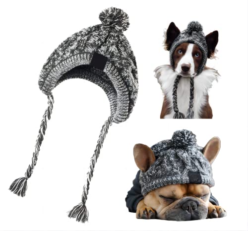 Haustier Pompom Strickmütze, FainFun Gestrickte Warm Winddicht Hundemütze, Winddichte Haustier Kopfbedeckung für Winter, Graue Gestrickte Hund Kappen, Flauschige Warme Hundehut mit Langem Zopf, S von FainFun