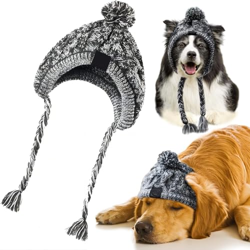 Haustier Pompom Strickmütze, FainFun Gestrickte Warm Winddicht Hundemütze, Winddichte Haustier Kopfbedeckung für Winter, Graue Gestrickte Hund Kappen, Flauschige Warme Hundehut mit Langem Zopf, L von FainFun