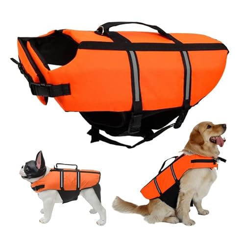 Schwimmweste Hund, FainFun Schwimmweste Hund Orange, Schwimmweste für Klein und Groß Hunde Ripstop und Reflektierende, Verstellbare Größe mit Starkem Auftrieb und Schwimmen Rettungsgriff(XL, Orange) von FainFun