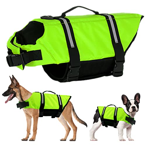 Schwimmweste Hund, FainFun Schwimmweste Hund, Schwimmweste für Klein und Groß Hunde Ripstop und Reflektierende, Verstellbare Größe mit Starkem Auftrieb und Schwimmen Rettungsgriff (Grün, L) von FainFun