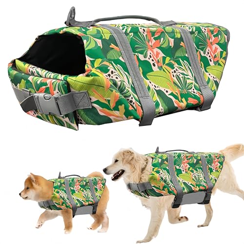Schwimmweste Hund, FainFun Schwimmweste Hund Orange, für Klein und Groß Hunde Ripstop und Reflektierende, Verstellbare Größe mit Starkem Auftrieb und Schwimmen Rettungsgriff (Blatt, L) von FainFun