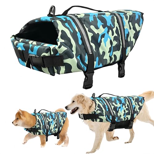 Schwimmweste Hund, FainFun Schwimmweste Hund Orange, für Klein und Groß Hunde Ripstop und Reflektierende, Verstellbare Größe mit Starkem Auftrieb und Schwimmen Rettungsgriff (BlaueCamouflage, M) von FainFun