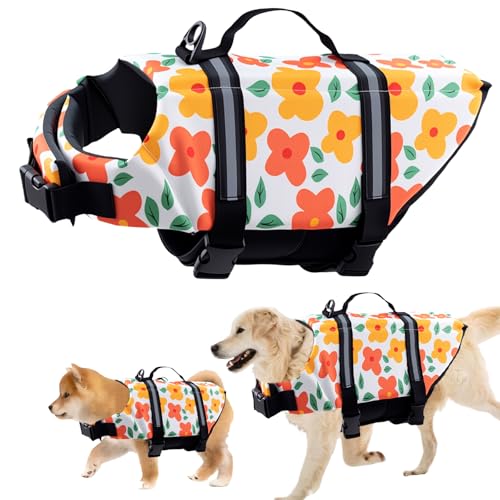 Schwimmweste Hund, FainFun Schwimmweste Hund Orange, für Klein und Groß Hunde Ripstop und Reflektierende, Verstellbare Größe mit Starkem Auftrieb und Schwimmen Rettungsgriff (Blume, XL) von FainFun