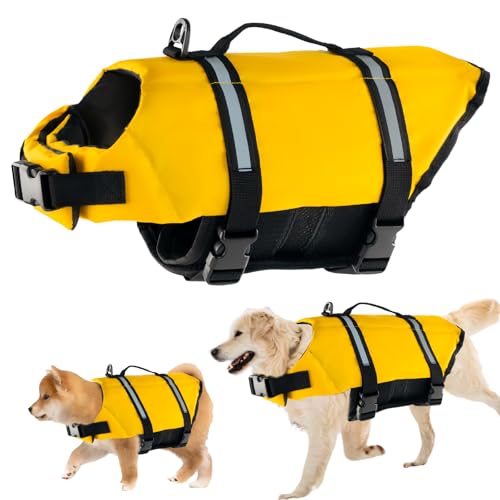 Schwimmweste Hund, FainFun Schwimmweste Hund Orange, für Klein und Groß Hunde Ripstop und Reflektierende, Verstellbare Größe mit Starkem Auftrieb und Schwimmen Rettungsgriff (Gelb, M) von FainFun