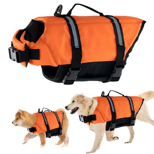 Schwimmweste Hund, FainFun Schwimmweste Hund Orange, für Klein und Groß Hunde Ripstop und Reflektierende, Verstellbare Größe mit Starkem Auftrieb und Schwimmen Rettungsgriff (Orange, XS) von FainFun