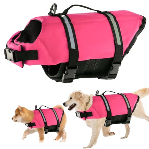 Schwimmweste Hund, FainFun Schwimmweste Hund Orange, für Klein und Groß Hunde Ripstop und Reflektierende, Verstellbare Größe mit Starkem Auftrieb und Schwimmen Rettungsgriff (Rose, L) von FainFun