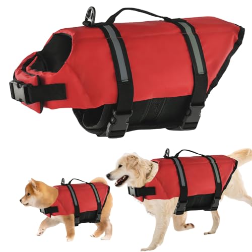 Schwimmweste Hund, FainFun Schwimmweste Hund Orange, für Klein und Groß Hunde Ripstop und Reflektierende, Verstellbare Größe mit Starkem Auftrieb und Schwimmen Rettungsgriff (Rot, M) von FainFun