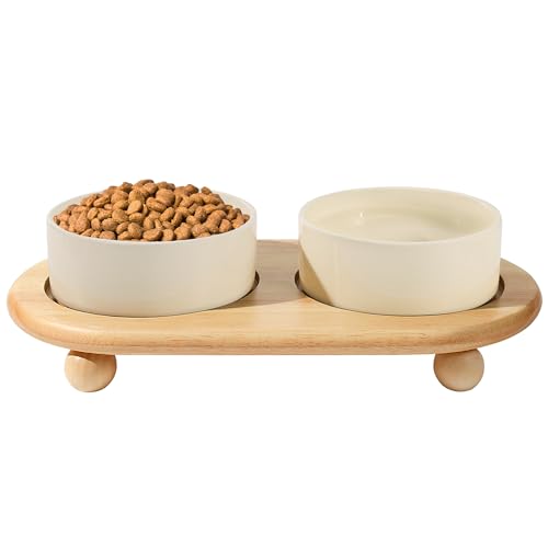 Fairsh Doppeltes Keramik-Katzenfutter- und Wassernapf-Set mit erhöhtem Ständer, rutschfeste Katzen-Wassernäpfe, erhöhtes Katzenfutter für den Innenbereich, ästhetisch, langlebig, schwerer Futternapf, von Fairsh