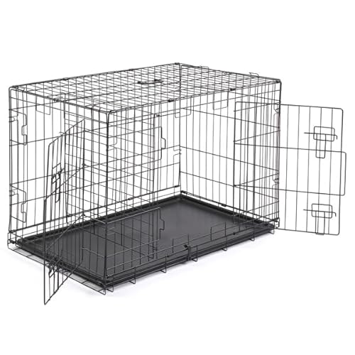 Hundekäfig, faltbar, aus Metalldraht, mit Tablett, Transportkäfig für Hunde, faltbar, mit 2 Türen, tragbar | Transportbox aus Metall, Schwarz von FairyLee
