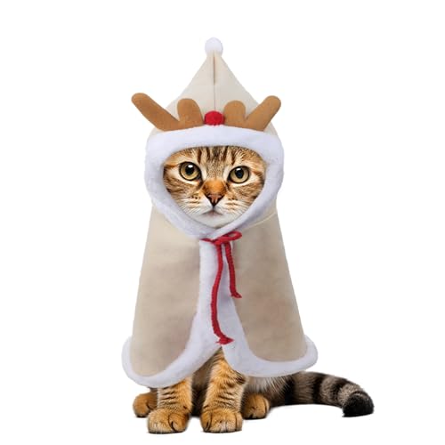 Haustier Weihnachtskostüm, Rentier Umhang mit Geweih für Hunde und Katzen, Weihnachtsparty Outfit für kleine Haustiere, Hund Weihnachtskostüm Katzenkostüm, Weihnachtskleid für Haustiere (Beige) von FakeFace