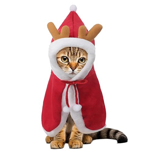 Haustier Weihnachtskostüm, Rentier Umhang mit Geweih für Hunde und Katzen, Weihnachtsparty Outfit für kleine Haustiere, Hund Weihnachtskostüm Katzenkostüm, Weihnachtskleid für Haustiere (Rot) von FakeFace
