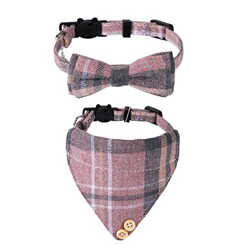Faleela Breakaway Katzenhalsband mit Glöckchen, 2 Stück, Katzenhalsband mit Glöckchen, Zubehör für Haustierhalsbänder, verstellbar für Katzen und kleine Hunde (rosa Schleife + Bandana) von Faleela
