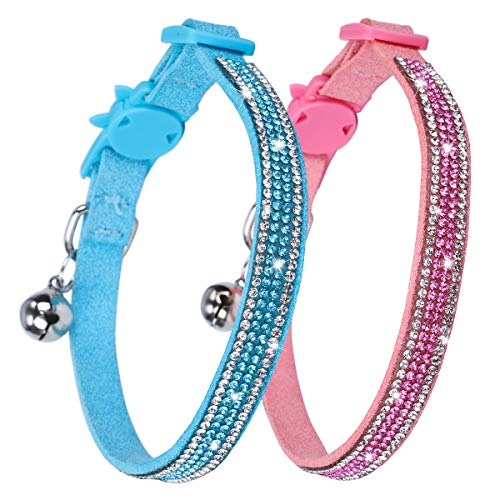 Faleela Katzenhalsband mit Glöckchen – 2 Stück Bling Strass Katzenhalsband, weiches Mikrofaser-Leder, sicher verstellbar, Shing Halsband, für Katzen und Welpen, Mädchen,27.9 cm, Rosa + Blau) von Faleela