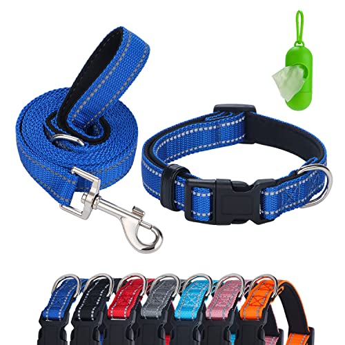 Faleela Reflektierendes Hundehalsband und Leine, Set mit Kotbeuteln und Spender, verstellbares Nylon-Hundehalsband für kleine, mittelgroße und große Hunde, atmungsaktiv (groß, blau) von Faleela