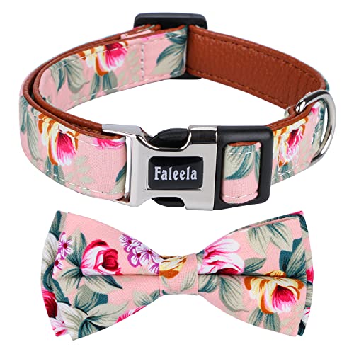 Faleela Süßes, weiches Hundehalsband mit Schleife, abnehmbares, verstellbares Halsband für kleine, mittelgroße und große Haustiere (M, rosa Blume) von Faleela