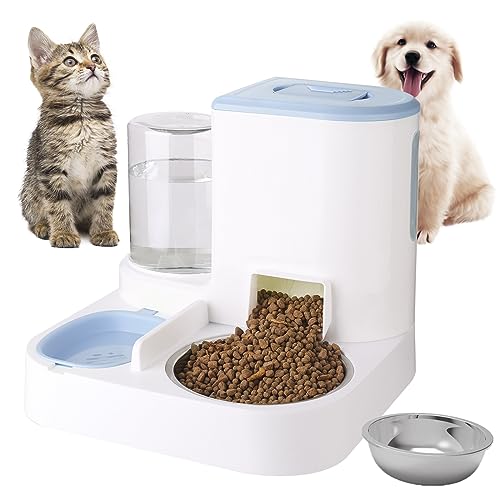 Auto Gravity Pet Food Feeder and Waterer Sets, 2 in 1 Automatic Pet Food Dispenser and Water Dispenser for Small Medium Pet Cats Dog, Cat Dog Food and Water Bowl for Dry Food (Blue) von FamiEver