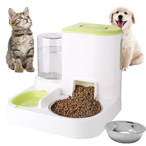 Auto Gravity Pet Food Feeder and Waterer Sets, 2 in 1 Automatic Pet Food Dispenser and Water Dispenser for Small Medium Pet Cats Dog, Cat Dog Food and Water Bowl for Dry Food (Green) von FamiEver