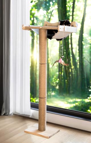 Famifit Katzenfensterstange mit Kratzbaum, 135,9 cm verstellbare hohe Kratzbäume & Saugnapf, mehrstufige Sitzstange zum Klettern, Vogelbeobachtung und Spielen, unterstützt 20,4 kg (bohrfrei) von Famifit