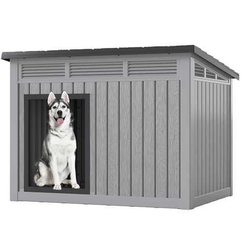 Große Hundehütte für drinnen und draußen, wetterfestes und abnehmbares Dach, passend für kleine bis große Hunde (108,7 cm L x 83,8 cm B x 80 cm H), Grau von Fancyango
