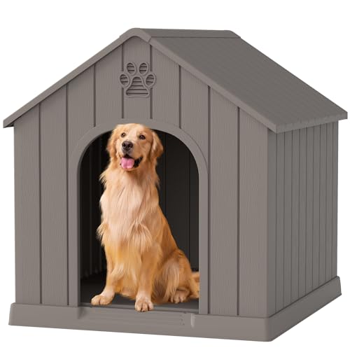 Große Kunststoff-Hundehütte für den Innen- und Außenbereich für mittelgroße und große Hunde, langlebig, wasserdicht, mit Lüftungsschlitzen, erhöhtem Boden, leicht zu reinigen und zusammenzubauen, Grau Große Kunststoff-Hundehütte für den Innen- und Außenbereich für mittelgroße und große Hunde, langlebig, wasserdicht, mit Lüftungsschlitzen, erhöhtem Boden, leicht zu reinigen und zusammenzubauen, Grau von Fancyango