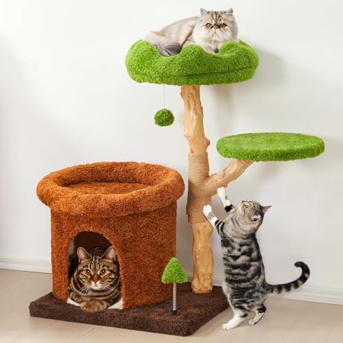 Fansafurn Kratzbaum mit Kratzstämmen, mehrstöckiger niedlicher Katzenturm für verspielte Katzen und mehrere Katzen, 81,3 cm Kletterturm aus Holz mit Naturholz, Bett & Condo von FansaFurn