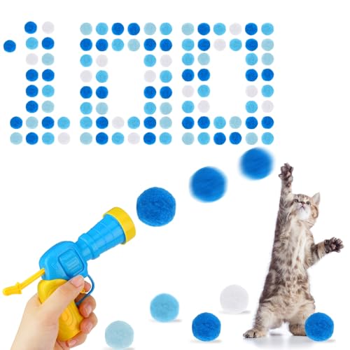 Fanshiontide Katzenspielzeug Interaktives Launch Training Katzenspielzeugbälle mit 1 Launcher und 100 Bälle Lustige Mini-Plüschball für Katzen Hunde Haustier Spielen(Blau) von Fanshiontide