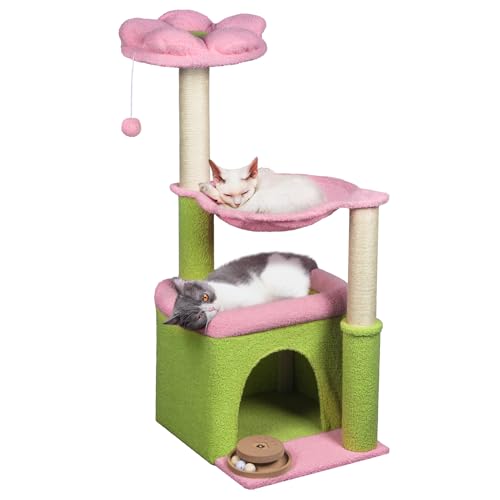 Moderner Katzenbaum mit hängendem Spielzeug, Katzenhütte mit rosa Blumen-Sitzstange für Kätzchen, Erwachsene, Katzen, Rosa von Fantasreen