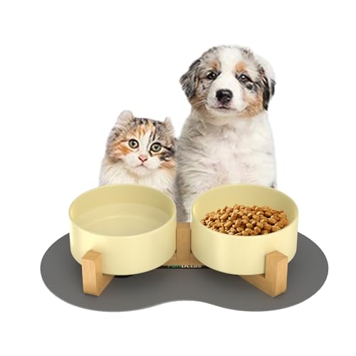 Doppel 450ml Katzennapf Hundenapf Keramik Futternapf Fressnapf Hund Erhöht Futterschüssel mit Bambus Ständer und Futter- und Wassernapf (Beige, 450ML) von Fantictas