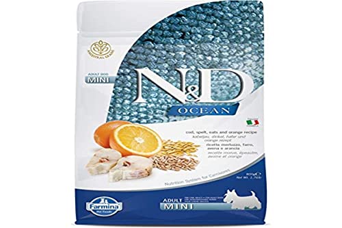 Farmina N&D OCEAN Adult Mini Pellets Hundefutter (Trockenfutter, mit hochwertigen Vitaminen und natürliche Antioxidantien, ohne Mais, Zutaten: Kabeljau, Dinkel, Hafer und Orange, Portionsgröße: 800 g) von Farmina N&D Ocean