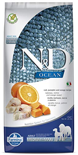 Farmina N&D Ocean Adult Medium Pellets Hundefutter (Trockenfutter, mit hochwertigen Vitaminen und natürliche Antioxidantien, ohne Mais, Zutaten: Kabeljau und Orange, Portionsgröße: 12 kg) von Farmina